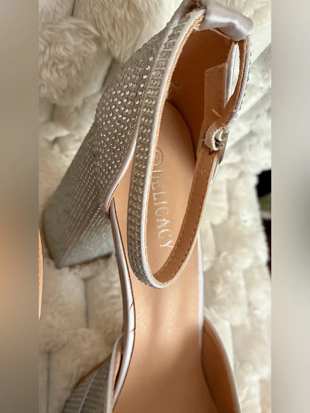 Silver Rhinestone Platform Block Heels with Ankle Strap